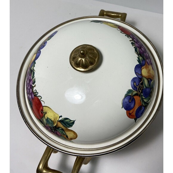 Vintage Lincoware Enamel Casserole Dish Cornucopia Fruit Brass Handles 8 inch - Picture 3 of 6